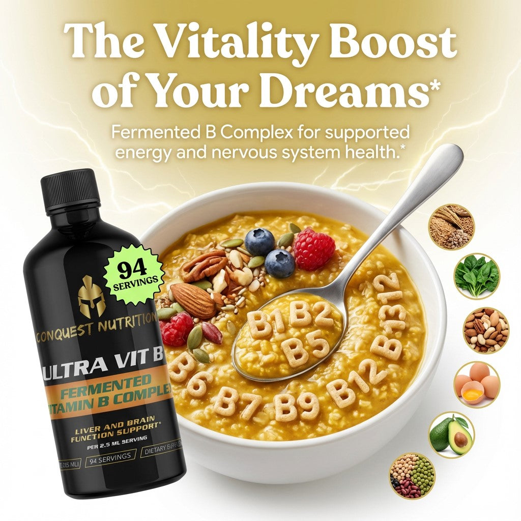 Conquest Nutrition Ultra Vit B supplement bottle with a bowl of cereal and berries, emphasizing vitamin B complex benefits.