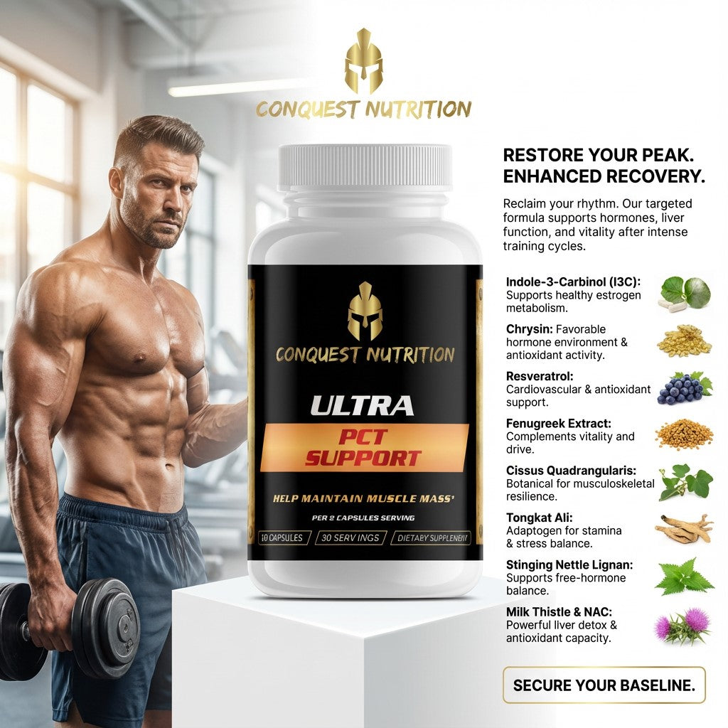 Conquest Nutrition Ultra PCT Support supplement bottle with a muscular man holding dumbbells.