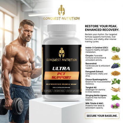 Conquest Nutrition Ultra PCT Support supplement bottle with a muscular man holding dumbbells.