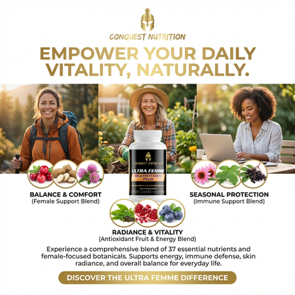 Advertisement for Conquest Nutrition Ultra Femme supplement with images of people outdoors and a product bottle.