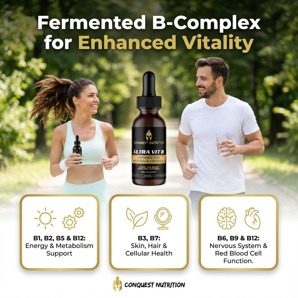 Two people outdoors with bottles of Conquest Nutrition Ultra Vit B, promoting fermented B-Complex for enhanced vitality.