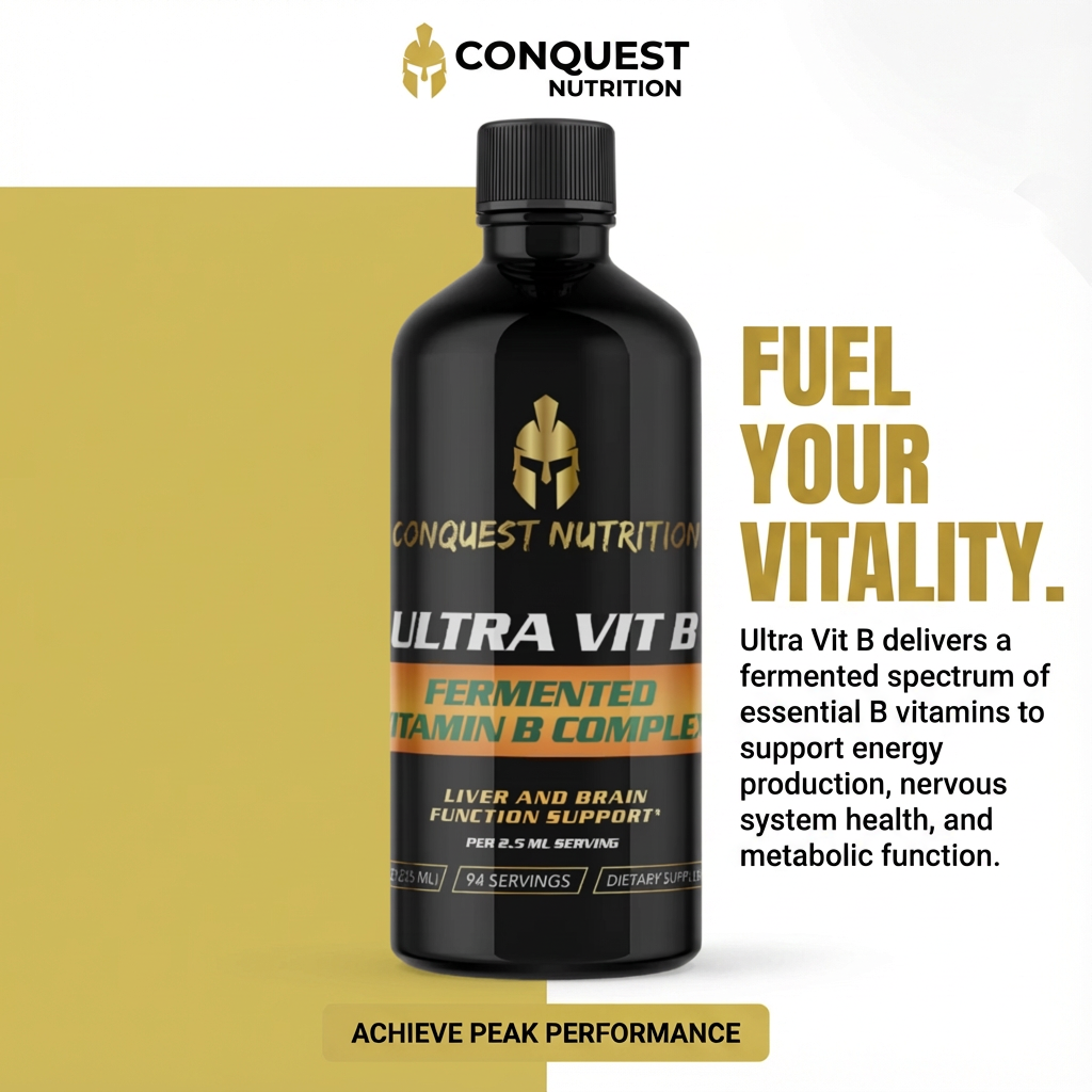 Conquest Nutrition Ultra Vit B supplement bottle with promotional text on a yellow and white background