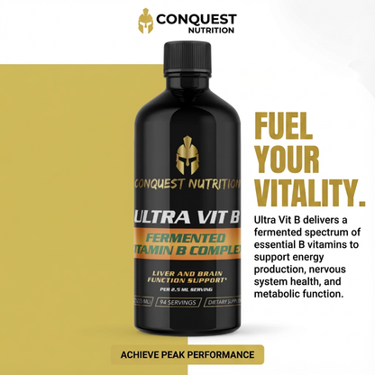 Conquest Nutrition Ultra Vit B supplement bottle with promotional text on a yellow and white background