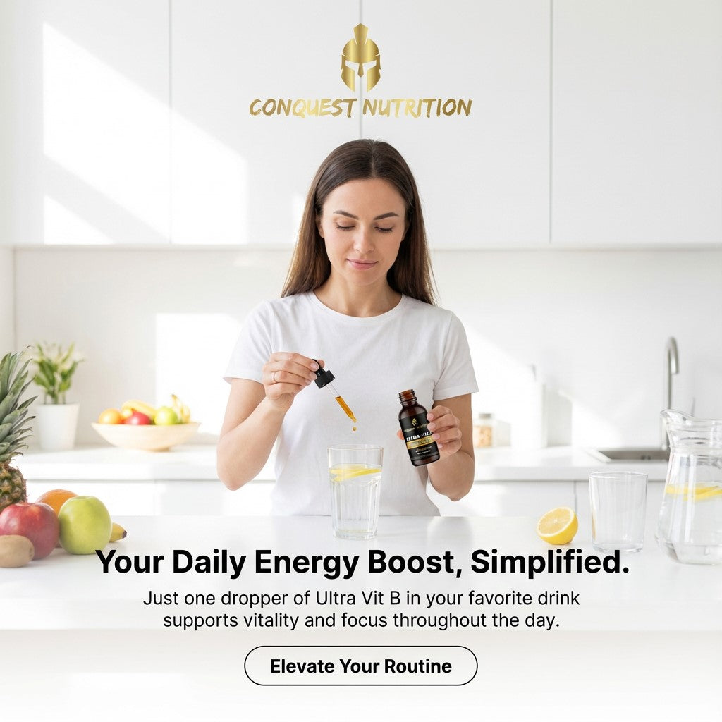 Woman in a kitchen pouring a supplement into a glass with Conquest Nutrition branding.