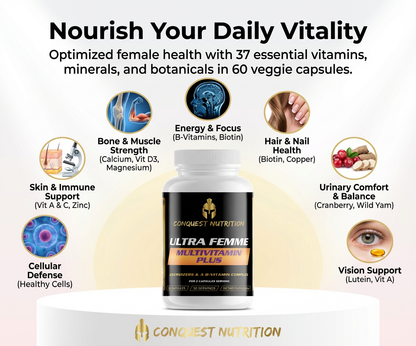 Conquest Nutrition Ultra Femme Multivitamin Plus bottle with health benefits listed on a white background