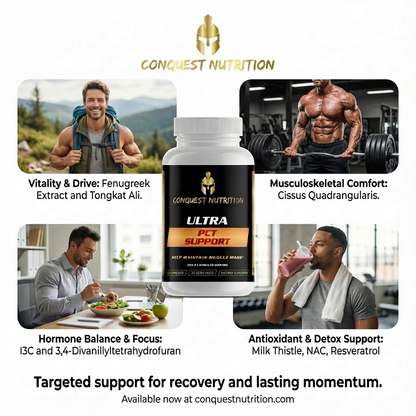 Conquest Nutrition supplement bottle with lifestyle images and product benefits.