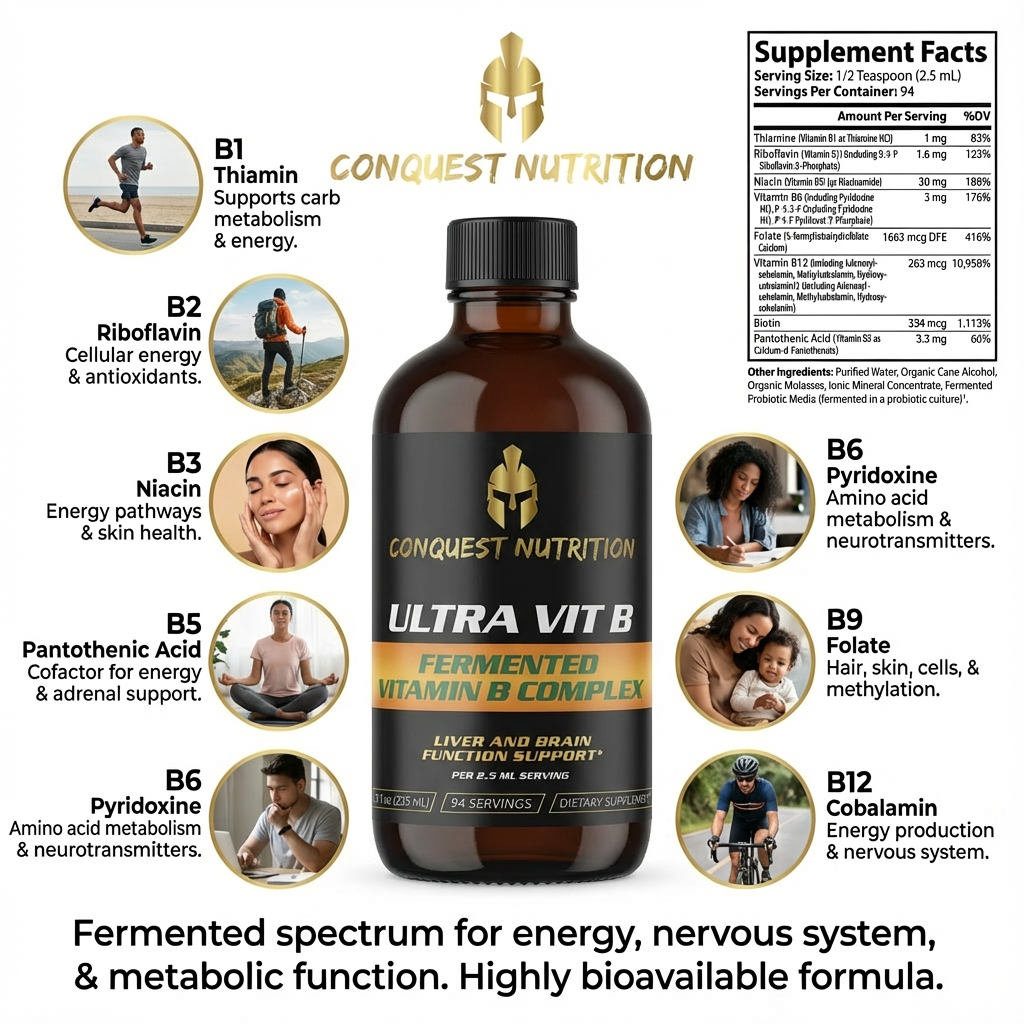 Conquest Nutrition Ultra Vit B supplement bottle with supplement facts and benefits on a white background