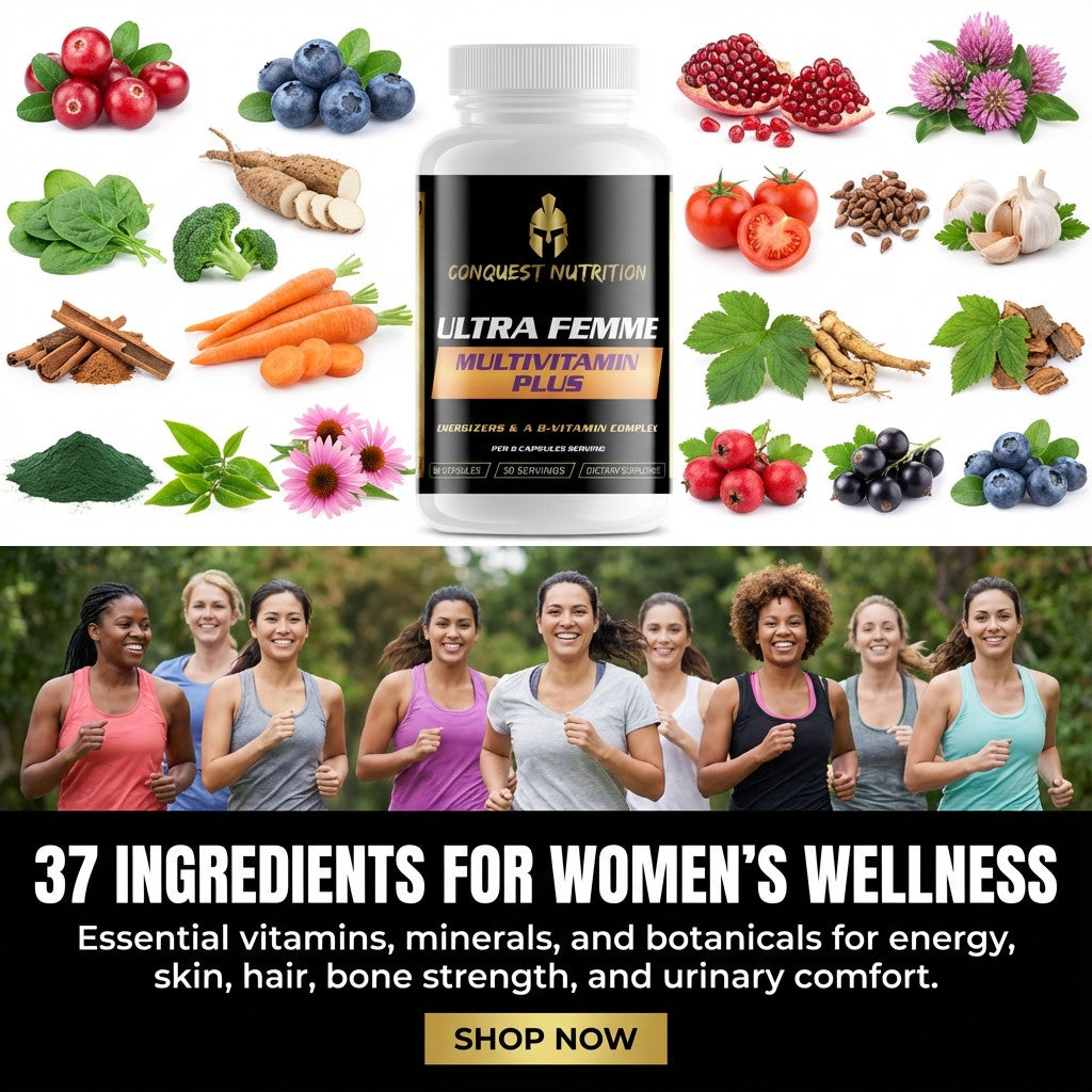 Multivitamin supplement bottle with ingredients and women running, promoting women's wellness.