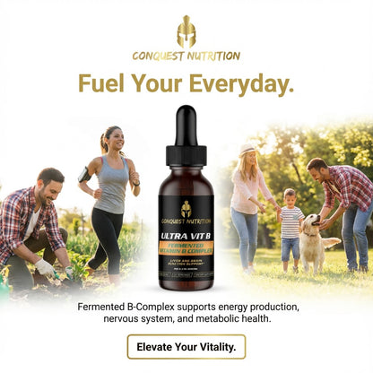 Conquest Nutrition Ultra Vit B bottle with people in a field and text about product benefits.