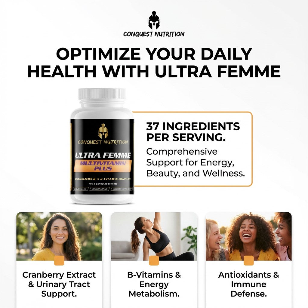 Conquest Nutrition Ultra Femme supplement bottle with promotional text and images of people.