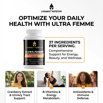 Conquest Nutrition Ultra Femme supplement bottle with promotional text and images of people.