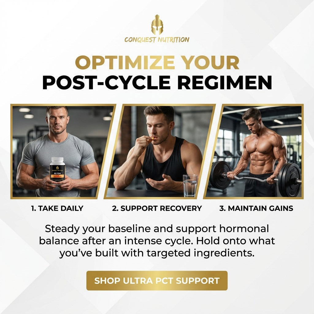 Advertisement for Conquest Nutrition's post-cycle regimen with images of a man holding a supplement bottle, drinking from a glass, and lifting weights.
