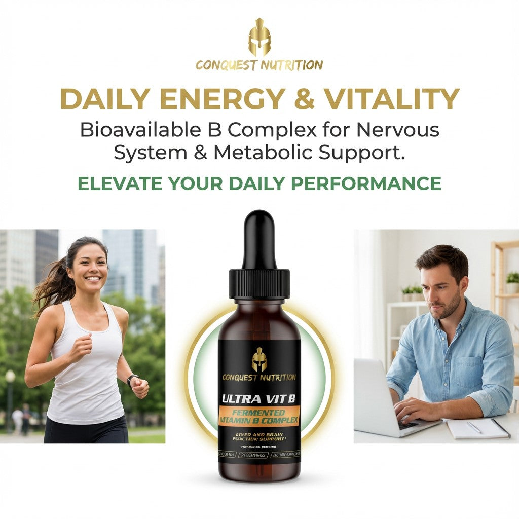 Conquest Nutrition Ultra Vit B supplement bottle with lifestyle images of a running woman and working man, and promotional text about daily energy and vitality.