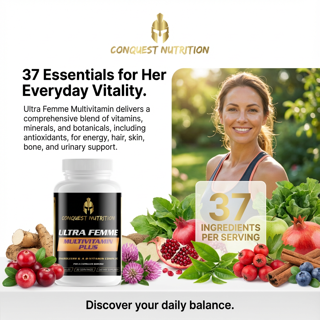 Conquest Nutrition Ultra Femme Multivitamin Plus with woman outdoors and ingredients on a white background