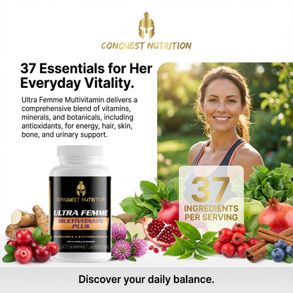 Conquest Nutrition Ultra Femme Multivitamin Plus with woman outdoors and ingredients on a white background