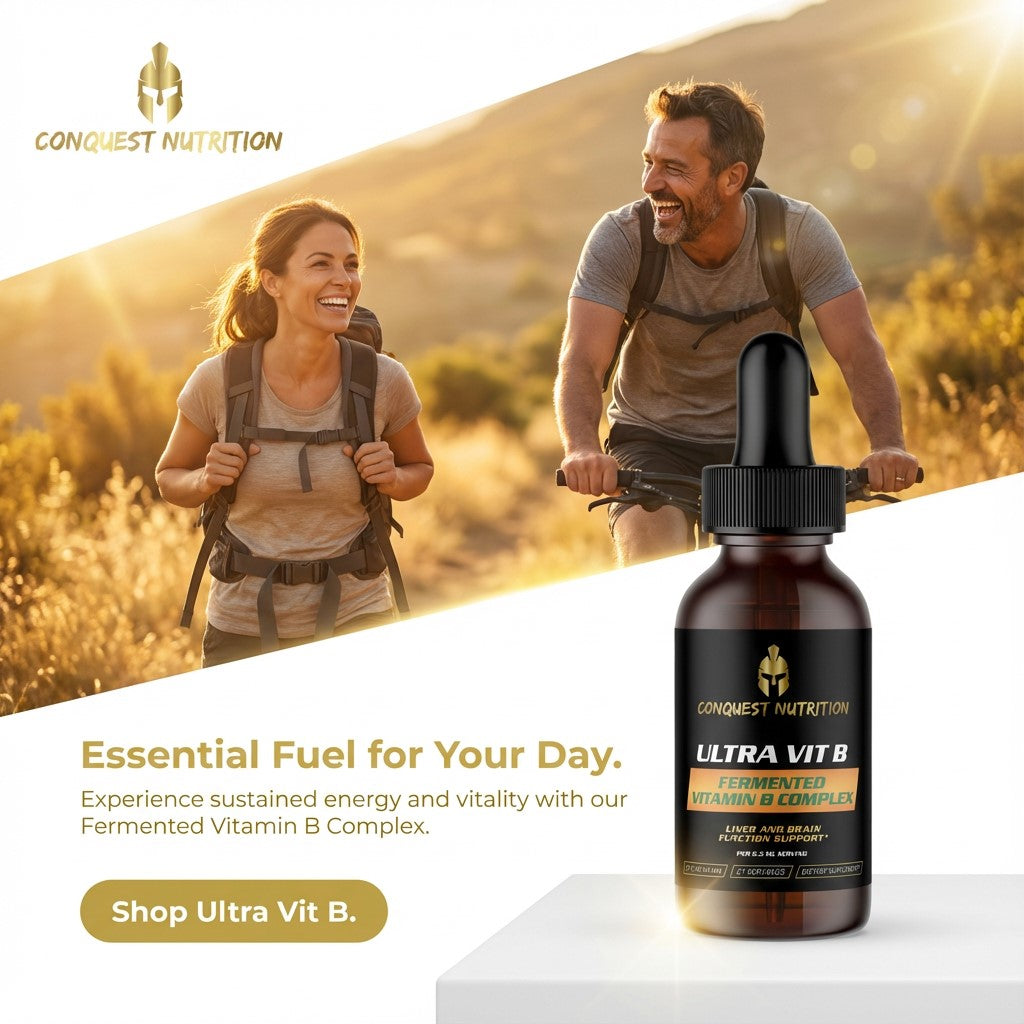 Two people hiking with a bottle of Conquest Nutrition Ultra Vit B supplement in the foreground.