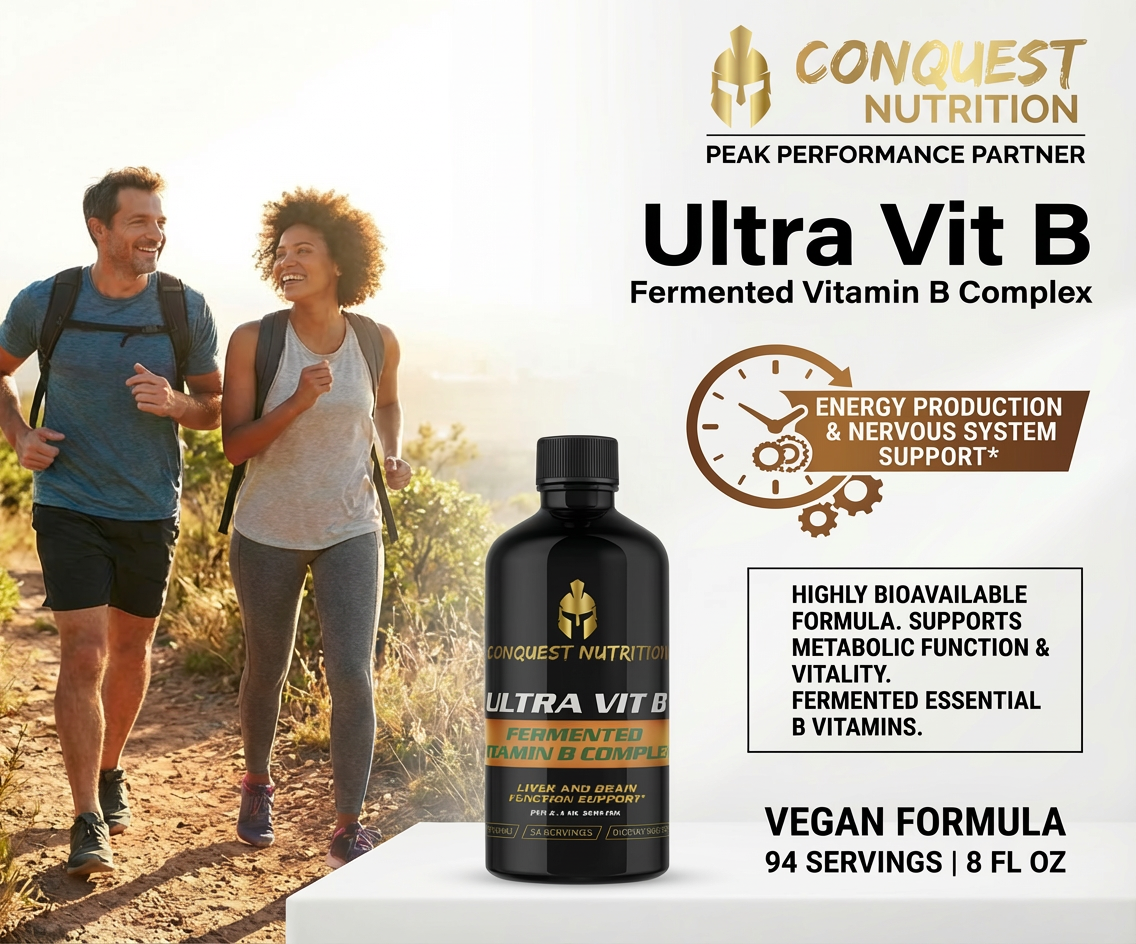 Conquest Nutrition Ultra Vit B supplement bottle with two people walking on a trail in the background.