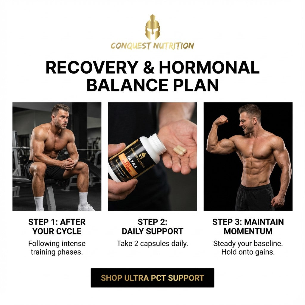 Advertisement for Conquest Nutrition's recovery and hormonal balance plan with images of a muscular man, supplement bottle, and text.