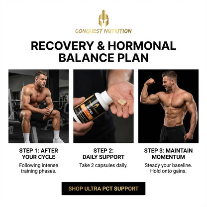 Advertisement for Conquest Nutrition's recovery and hormonal balance plan with images of a muscular man, supplement bottle, and text.