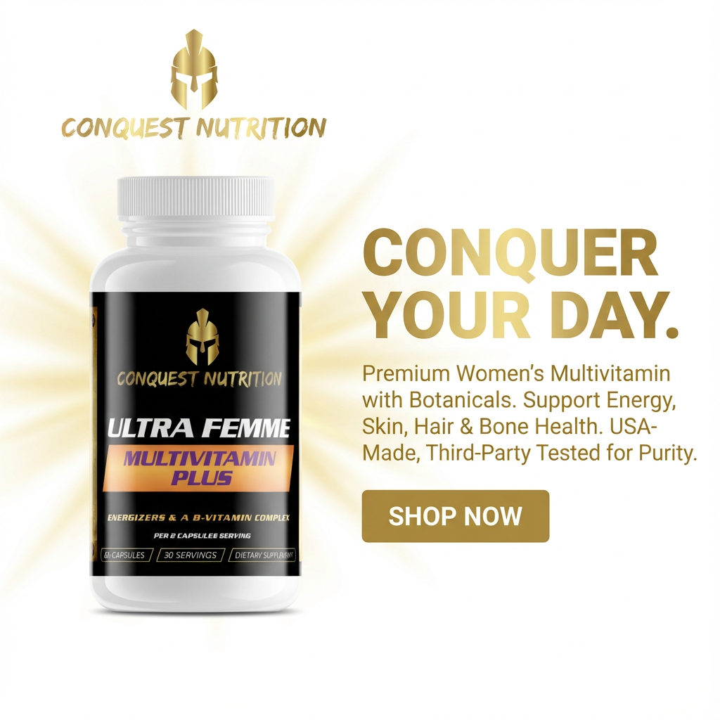 Conquest Nutrition Ultra Femme Multivitamin Plus bottle with promotional text on a white background