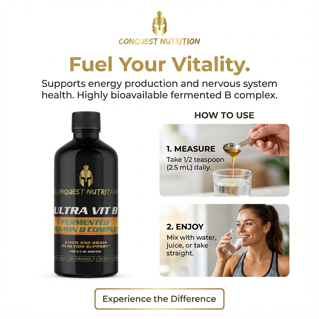 Conquest Nutrition Ultra Vit B supplement bottle with usage instructions on a white background