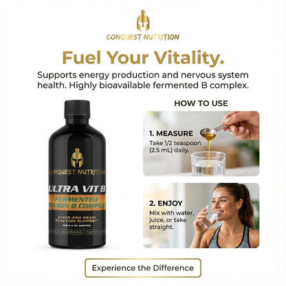 Conquest Nutrition Ultra Vit B supplement bottle with usage instructions on a white background