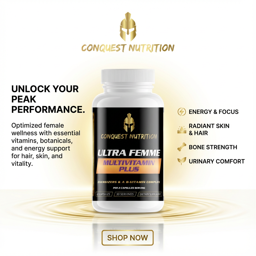 Conquest Nutrition Ultra Femme Multivitamin Plus bottle with promotional text on a white background