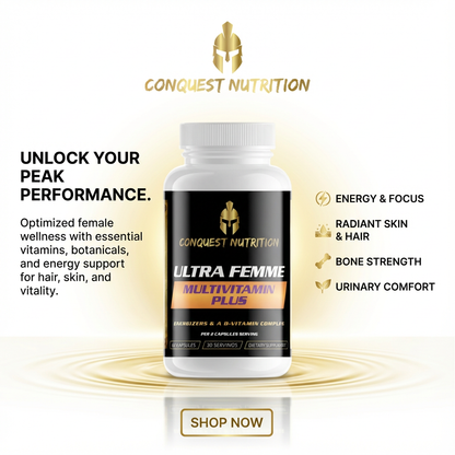 Conquest Nutrition Ultra Femme Multivitamin Plus bottle with promotional text on a white background