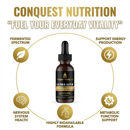 Conquest Nutrition Ultra Vit B supplement bottle with benefits on a white background