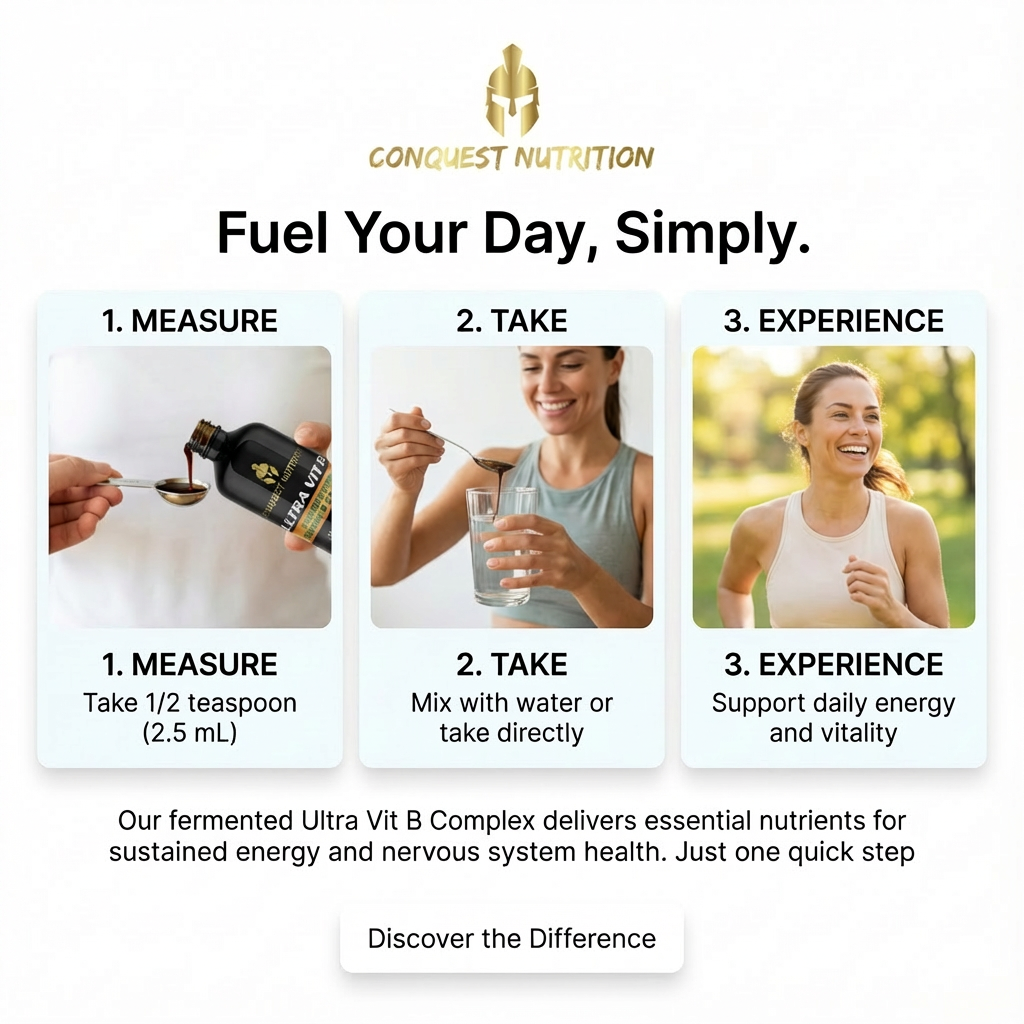 Conquest Nutrition advertisement with steps to measure, take, and experience their product.