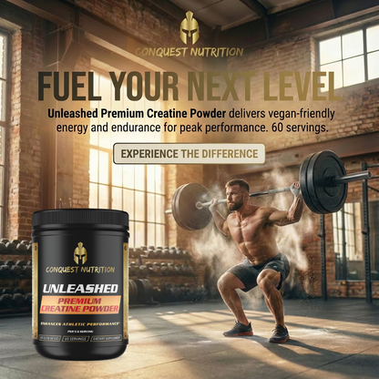 Conquest Nutrition Unleashed Premium Creatine Powder with a gym setting and person lifting weights.