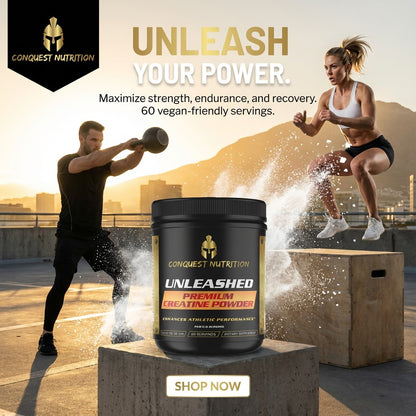 Conquest Nutrition Unleashed creatine powder container with two people exercising outdoors.