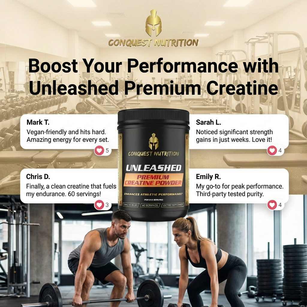 Advertisement for Conquest Nutrition Unleashed Premium Creatine in a gym setting with customer testimonials.