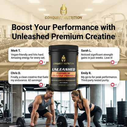 Advertisement for Conquest Nutrition Unleashed Premium Creatine in a gym setting with customer testimonials.