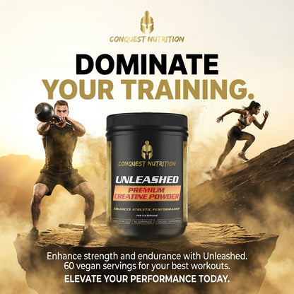 Advertisement for Conquest Nutrition Unleashed Premium Creatine Powder with athletes in a desert setting.
