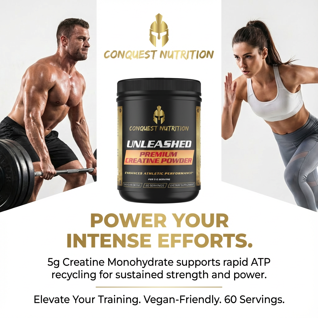 Conquest Nutrition Unleashed creatine powder with a man lifting weights and a woman running, on a white background.