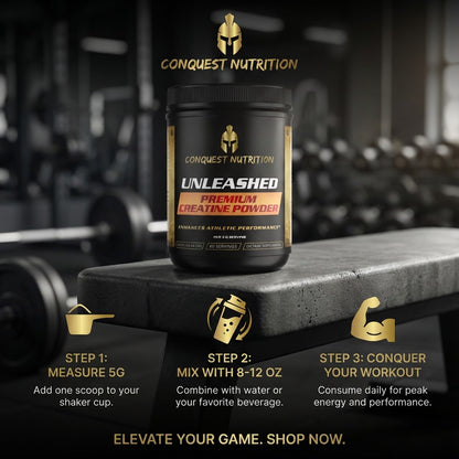 Conquest Nutrition Unleashed Premium Creative Powder container on a gym bench with instructions.