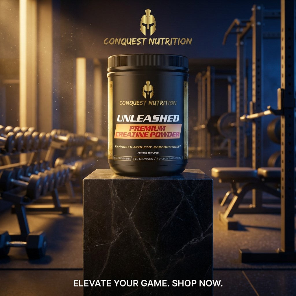 Conquest Nutrition Unleashed Premium Creatine Powder container in a gym setting