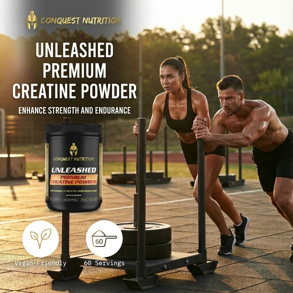 Two people exercising outdoors with Conquest Nutrition Unleashed Premium Creatine Powder displayed.