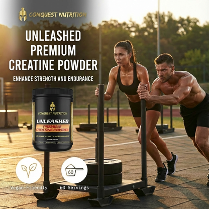 Two people exercising outdoors with Conquest Nutrition Unleashed Premium Creatine Powder displayed.