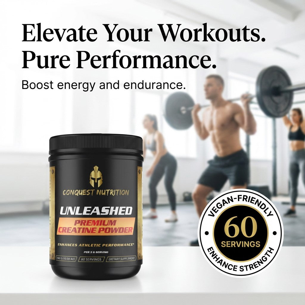 Conquest Nutrition Unleashed premium creatine powder with gym background