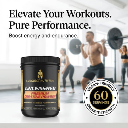 Conquest Nutrition Unleashed premium creatine powder with gym background