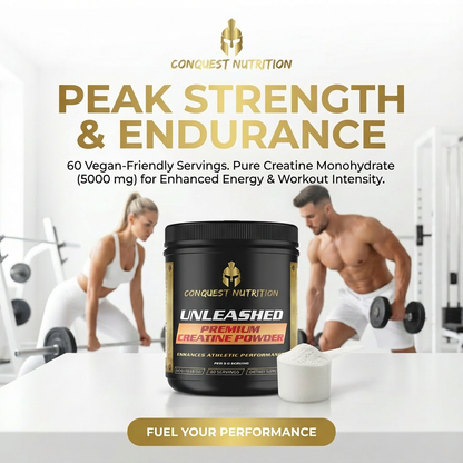 Conquest Nutrition Unleashed Premium Creatine Powder with gym background