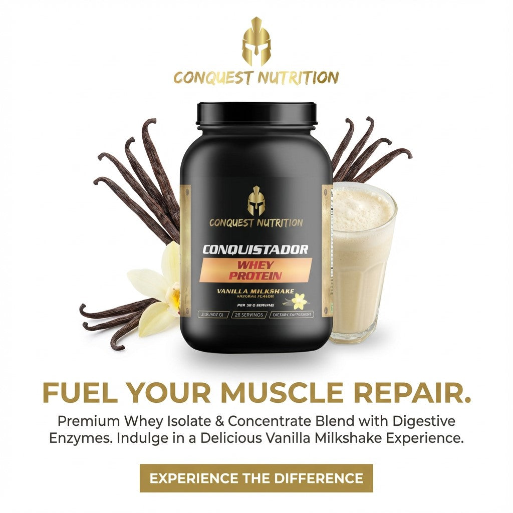 Conquest Nutrition Conquistador Whey Protein container with vanilla beans and a shake on a white background