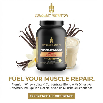 Conquest Nutrition Conquistador Whey Protein container with vanilla beans and a shake on a white background
