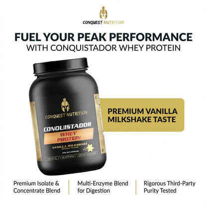 Conquistador Whey Protein container with branding and product details on a white background