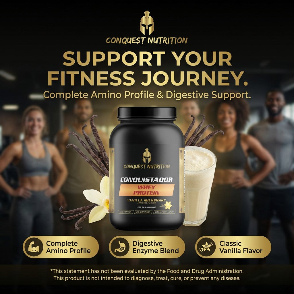 Conquest Nutrition whey protein supplement with promotional text and people in the background.