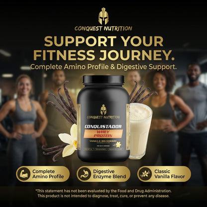 Conquest Nutrition whey protein supplement with promotional text and people in the background.
