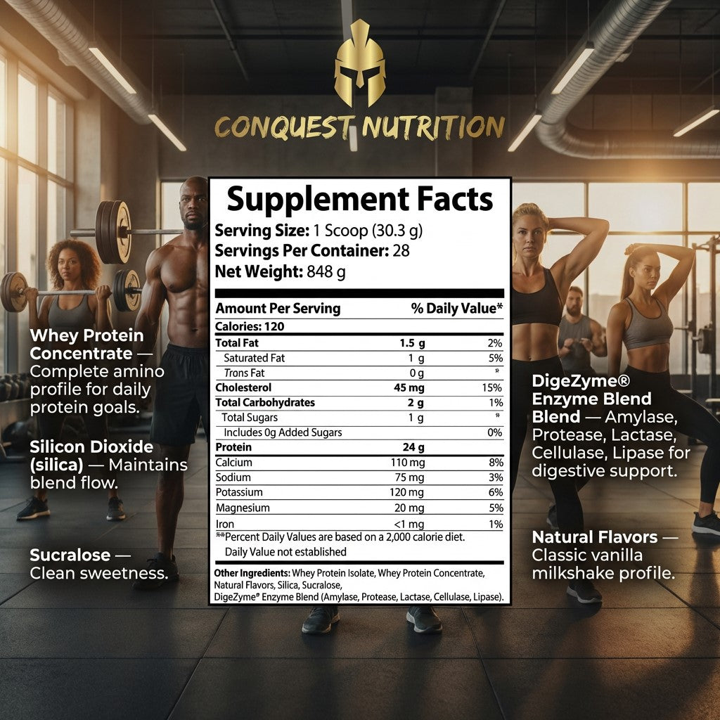 Supplement facts label for a protein product with gym background