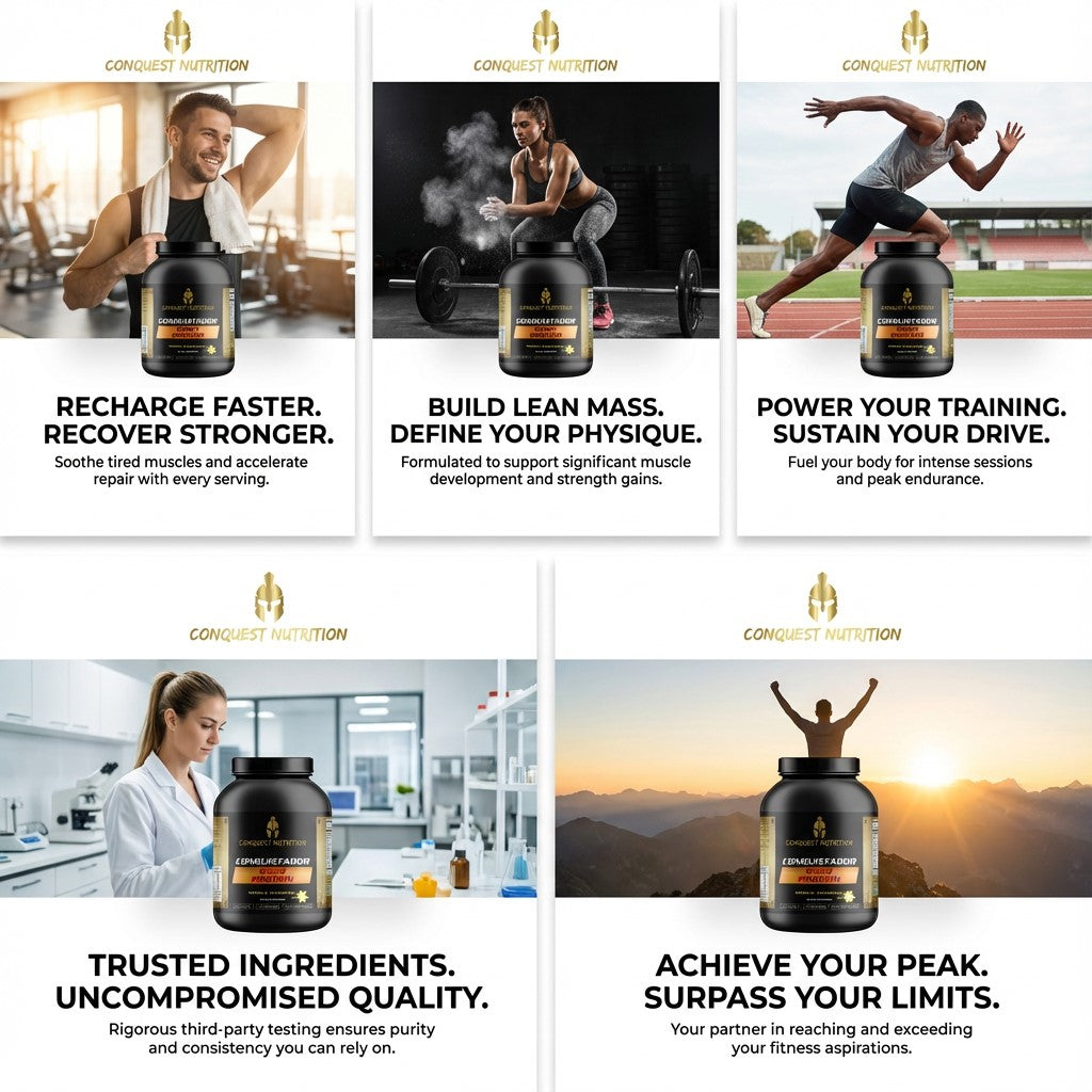 Conquest Nutrition product advertisements with text and images of people exercising and a woman in a lab coat.